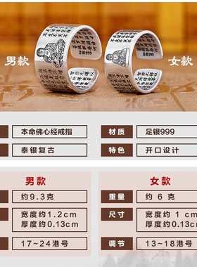 足银十二生肖本命佛心经戒指