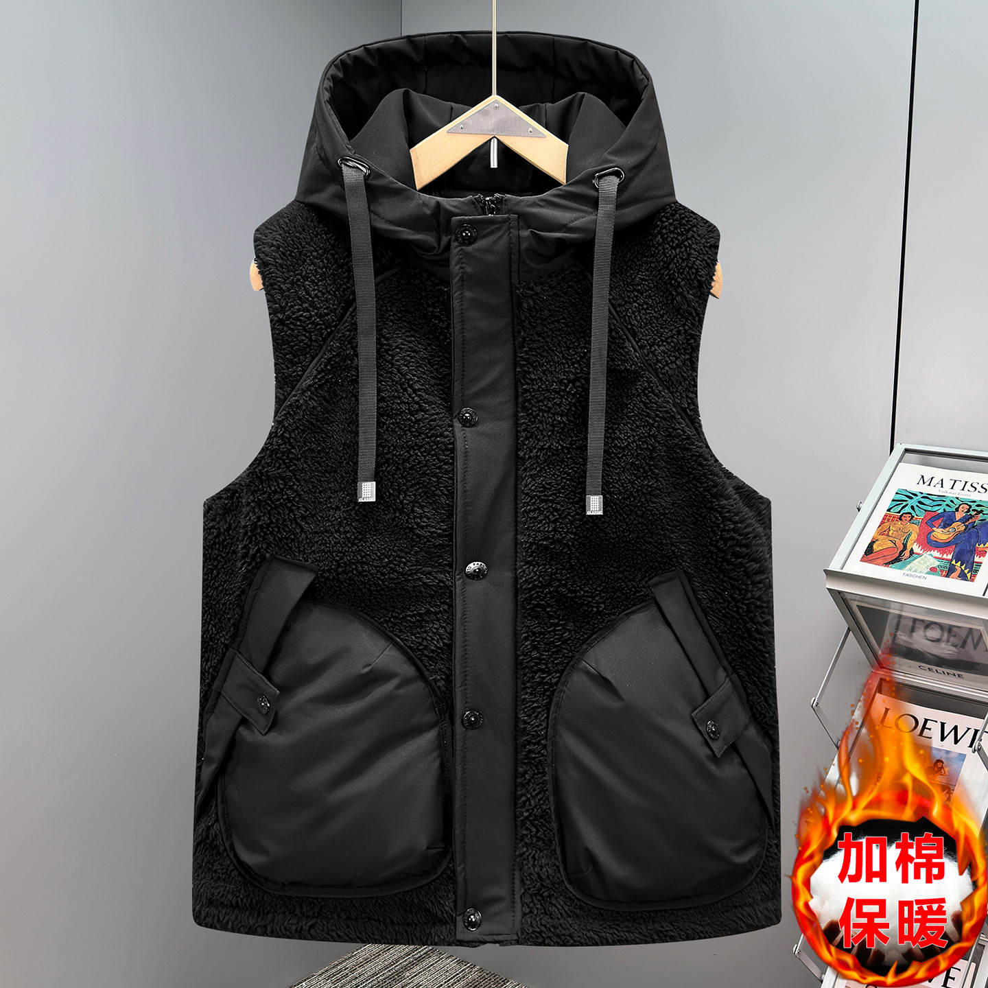 羊羔毛拼接工装马甲男2025新冬季学生加厚保暖坎肩宽松外穿棉马夹,淘宝优惠券,粉丝福利购,淘宝优惠卷