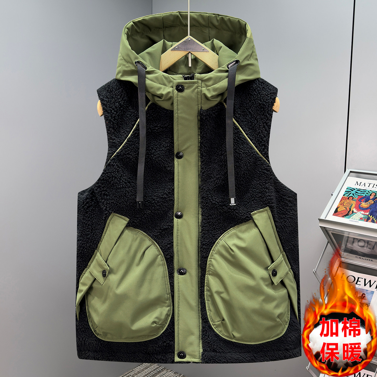羊羔毛拼接工装马甲男2025新冬季学生加厚保暖坎肩宽松外穿棉马夹,淘宝优惠券,粉丝福利购,淘宝优惠卷