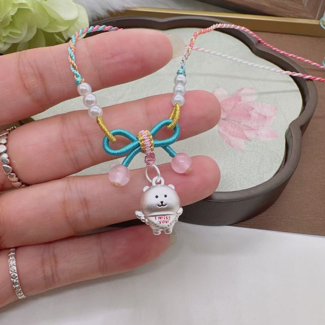 足银999 天使自嘲熊吊坠纯银可爱卡通手工编绳儿童节礼物送女友,淘宝优惠券,粉丝福利购,淘宝优惠卷