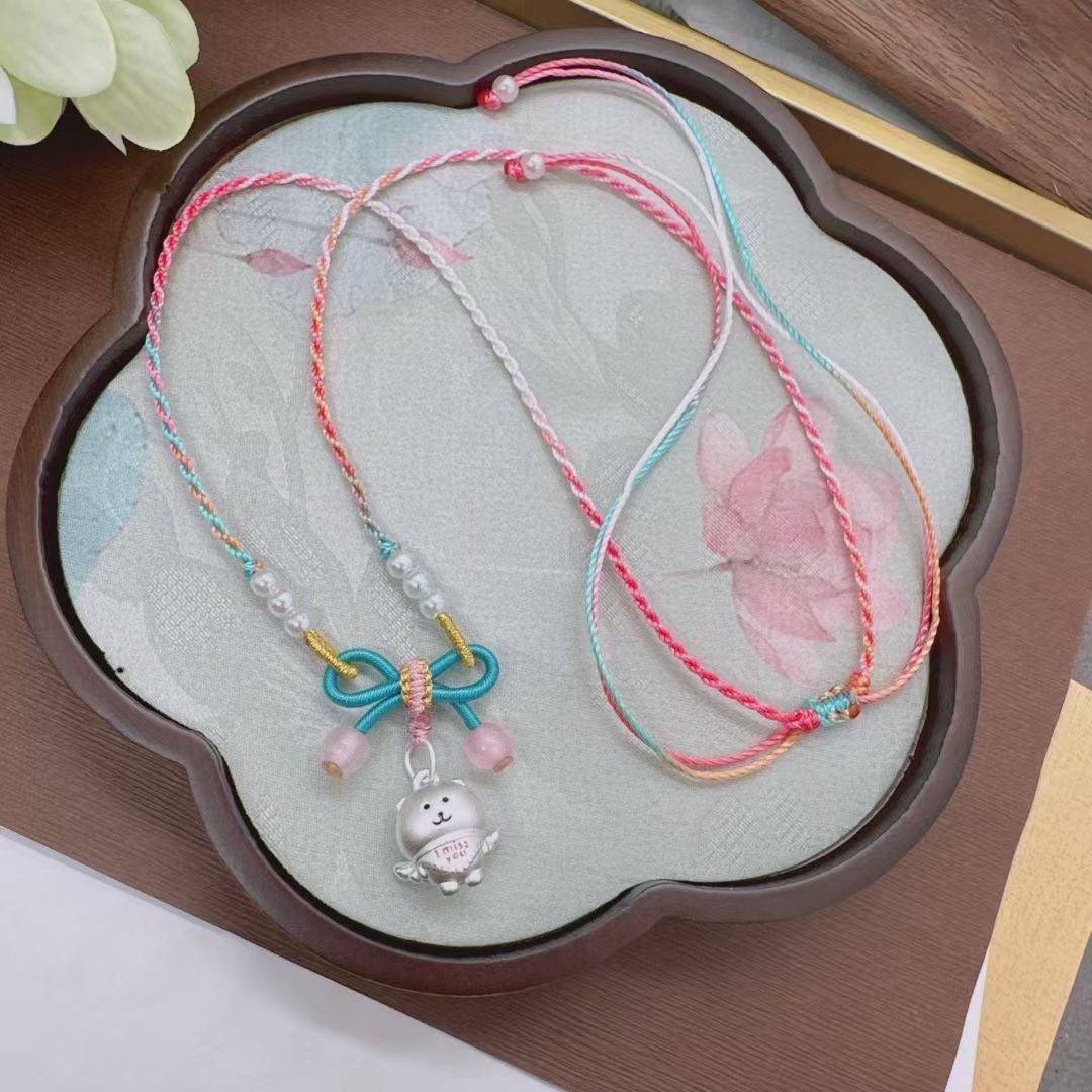 足银999 天使自嘲熊吊坠纯银可爱卡通手工编绳儿童节礼物送女友,淘宝优惠券,粉丝福利购,淘宝优惠卷