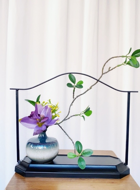 茶桌摆件新中式禅意花艺装饰仿真花盆景茶台桌面小花瓶铁艺花架