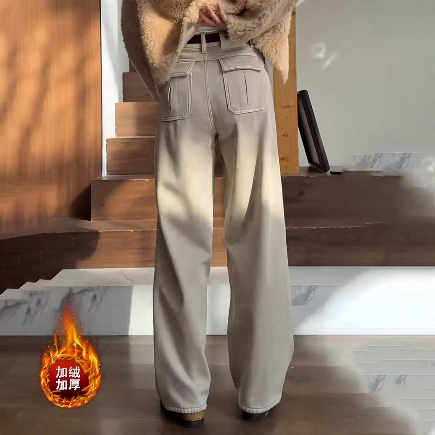 奶茶灰加绒加厚阔腿牛仔裤女冬季2025新款今年流行爆款窄版弯刀裤,淘宝优惠券,粉丝福利购,淘宝优惠卷