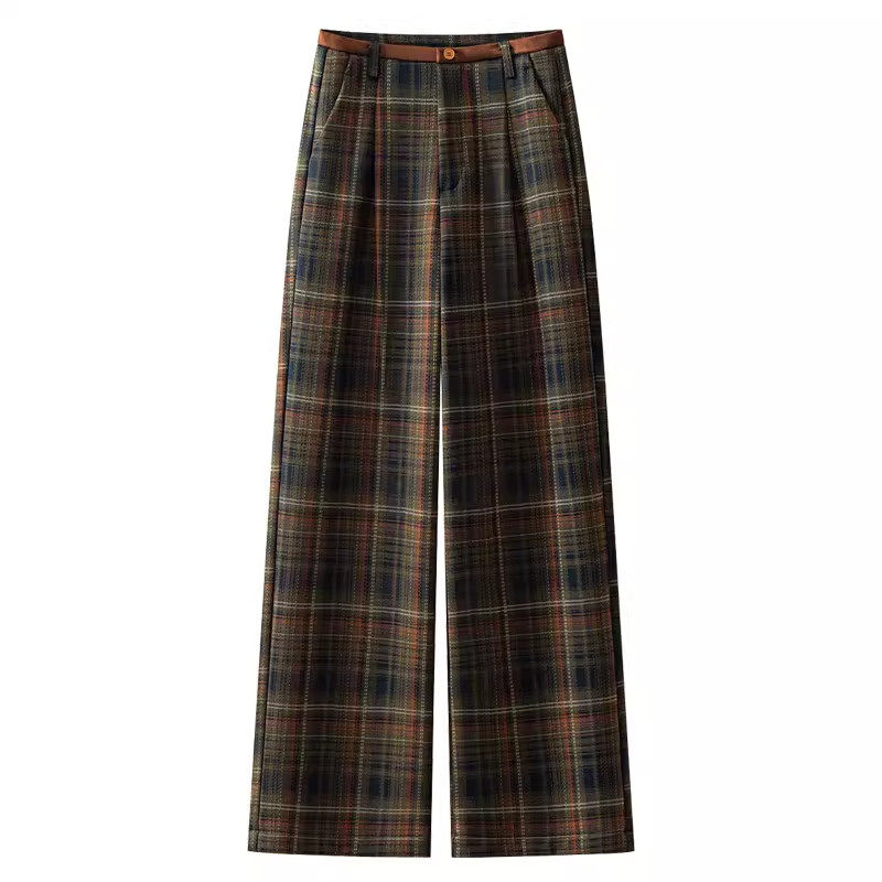 加绒加厚毛呢格纹阔腿裤女2026春秋季新款宽松直筒英伦风休闲裤子,淘宝优惠券,粉丝福利购,淘宝优惠卷