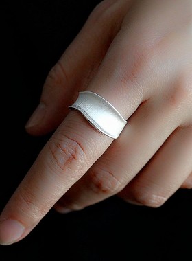 宽面波浪拉丝S925纯银开口戒指