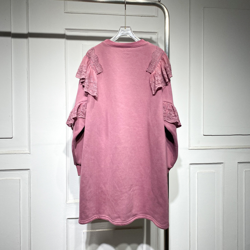 时尚甜美拼接蕾丝加绒连衣裙2022冬季新款宽松显瘦高腰减龄卫衣裙 - 图0