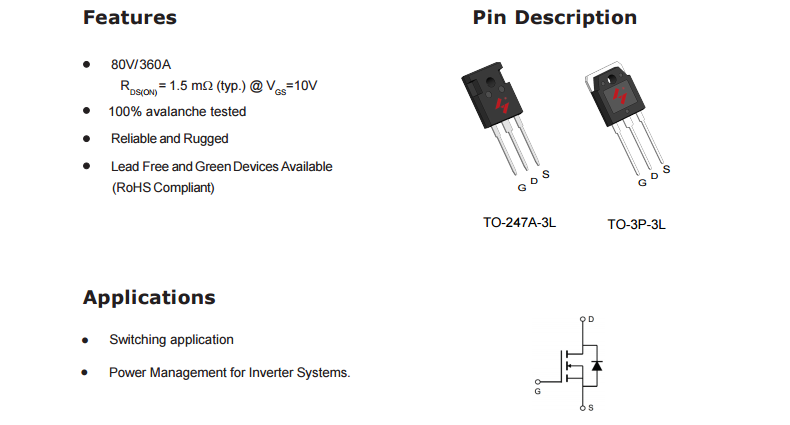 HY5608W 80V 360A封装TO-247 N沟道MOS效应管 HY华羿微代理-图0