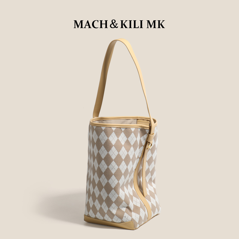 MACH＆KILI MK 牛皮小众格纹水桶包大包包女大容量百搭托特包 - 图1
