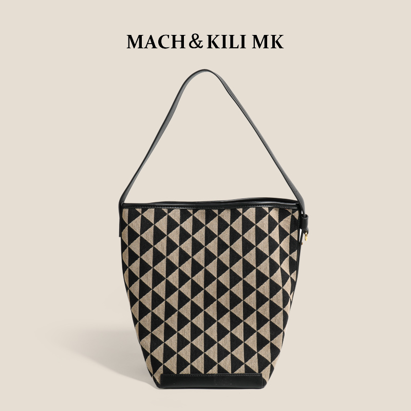 MACH＆KILI MK 牛皮小众格纹水桶包大包包女大容量百搭托特包 - 图2