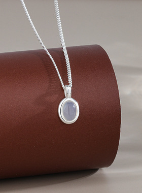 s925纯银椭圆牌子项链女镶白玉髓