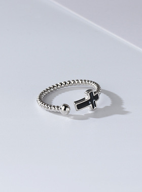 s925纯银黑色十字架戒指韩版东大