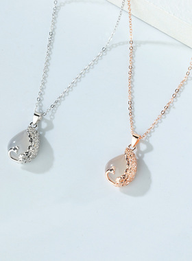 s925纯银白玉髓孔雀项链女生闪亮