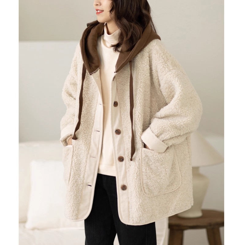 大码时尚连帽盐系毛呢外套女冬季胖mm加厚皮毛一体羊羔毛爆款上衣 - 图0