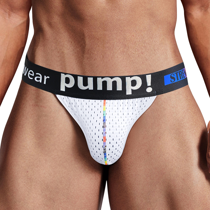 men underwear pump!网孔透气双丁内裤运动健身提臀镂空丁字裤男-图3