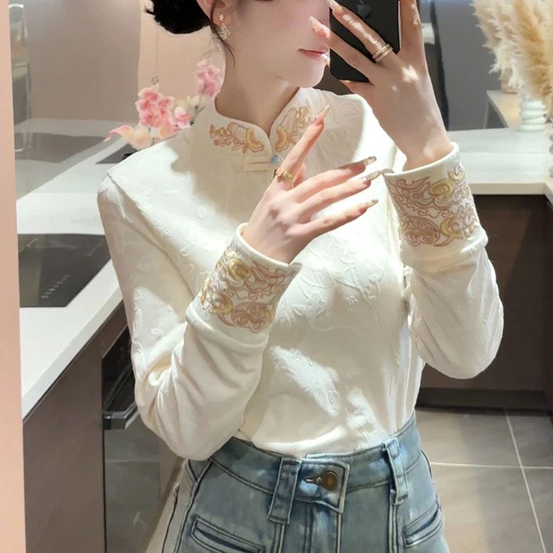 新中式国风刺绣上衣内搭女装长袖T恤春秋冬新款加绒加厚打底小衫,淘宝优惠券,粉丝福利购,淘宝优惠卷