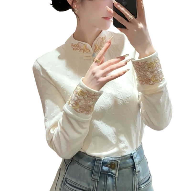 新中式国风刺绣上衣内搭女装长袖T恤春秋冬新款加绒加厚打底小衫,淘宝优惠券,粉丝福利购,淘宝优惠卷