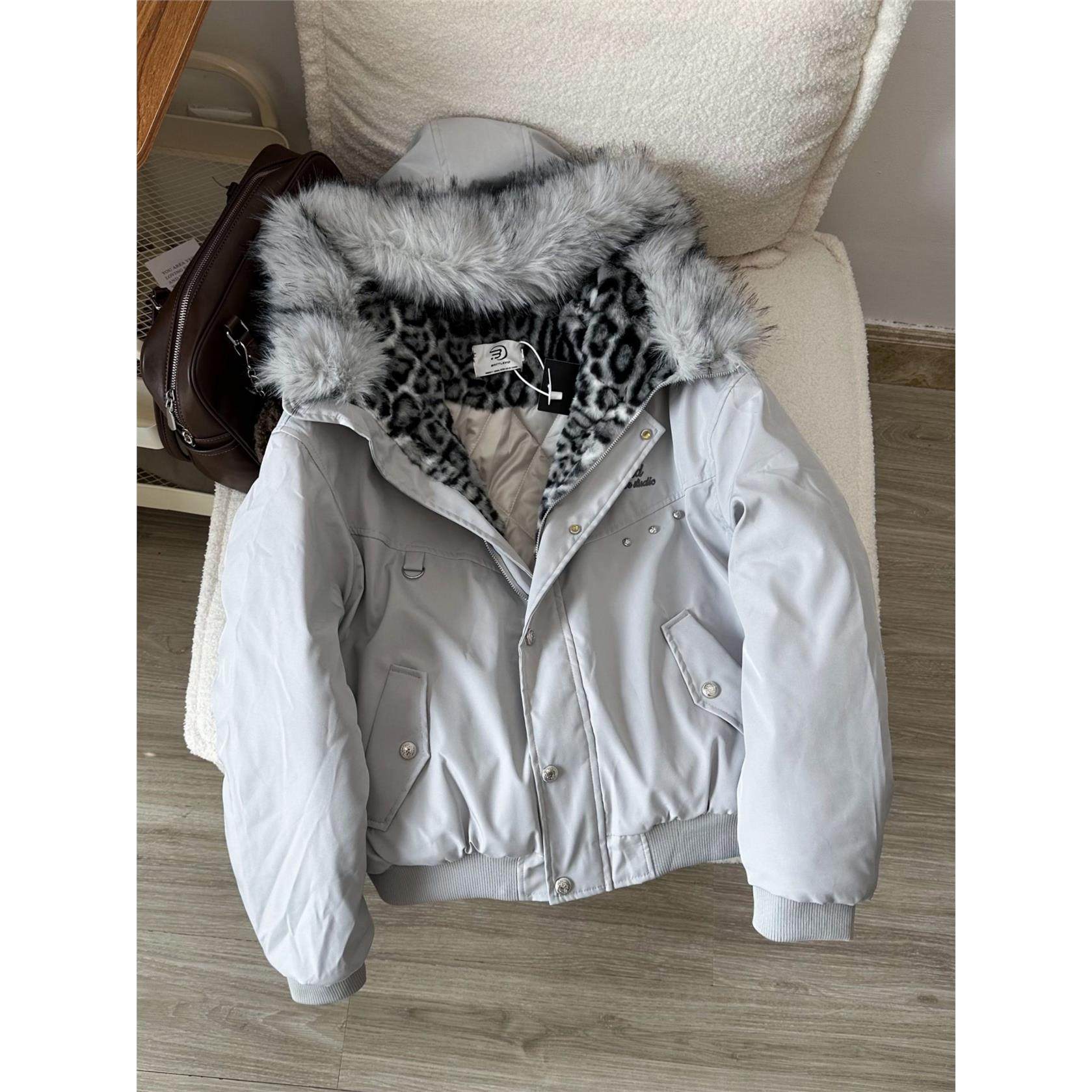 Nuneon美式覆古毛领豹纹座山雕棉衣棉服女情侣冬季加厚棉袄外套潮,淘宝优惠券,粉丝福利购,淘宝优惠卷