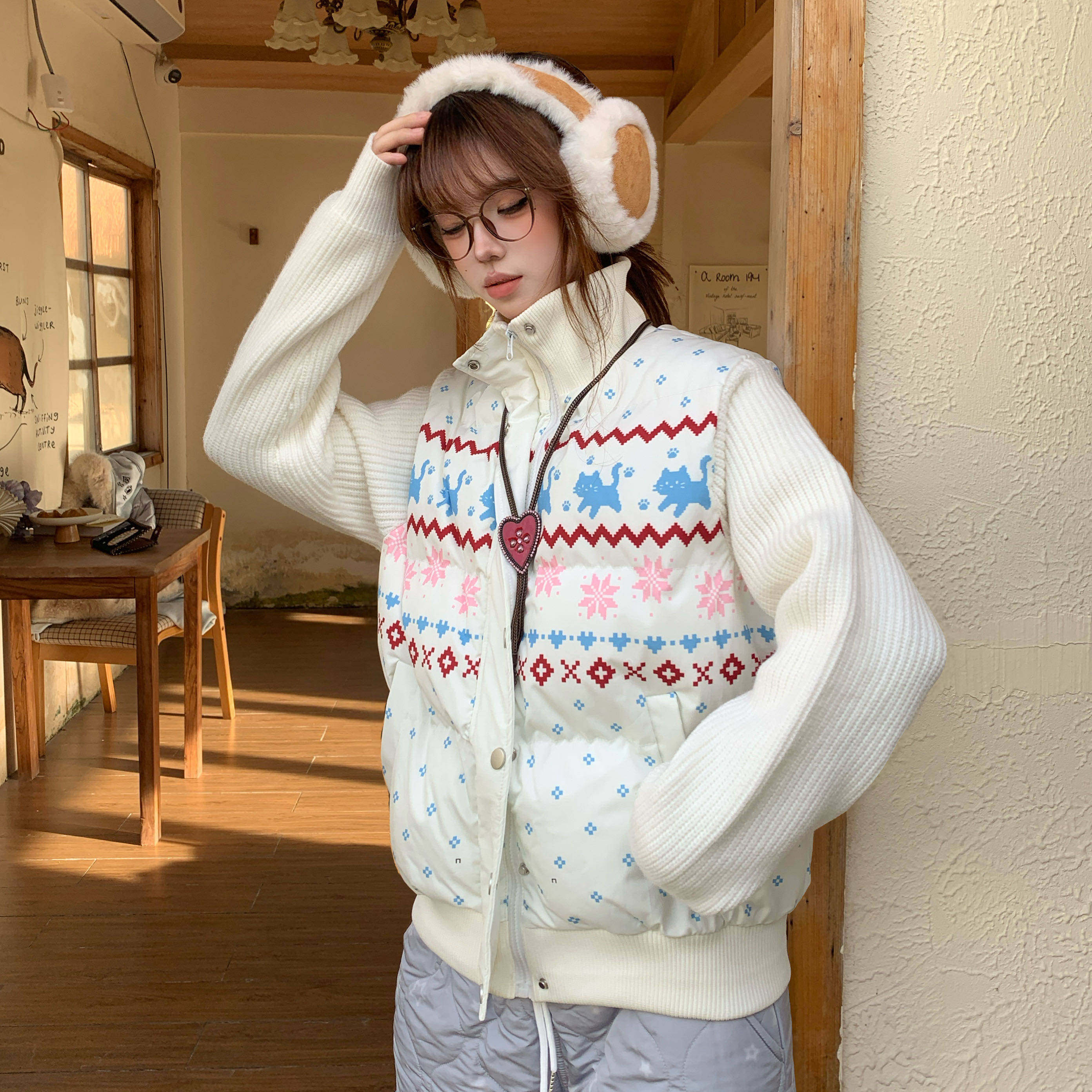 Amoeba甜酷费尔岛拼接针织立领棉服女冬季保暖加厚显瘦棉衣外套,淘宝优惠券,粉丝福利购,淘宝优惠卷