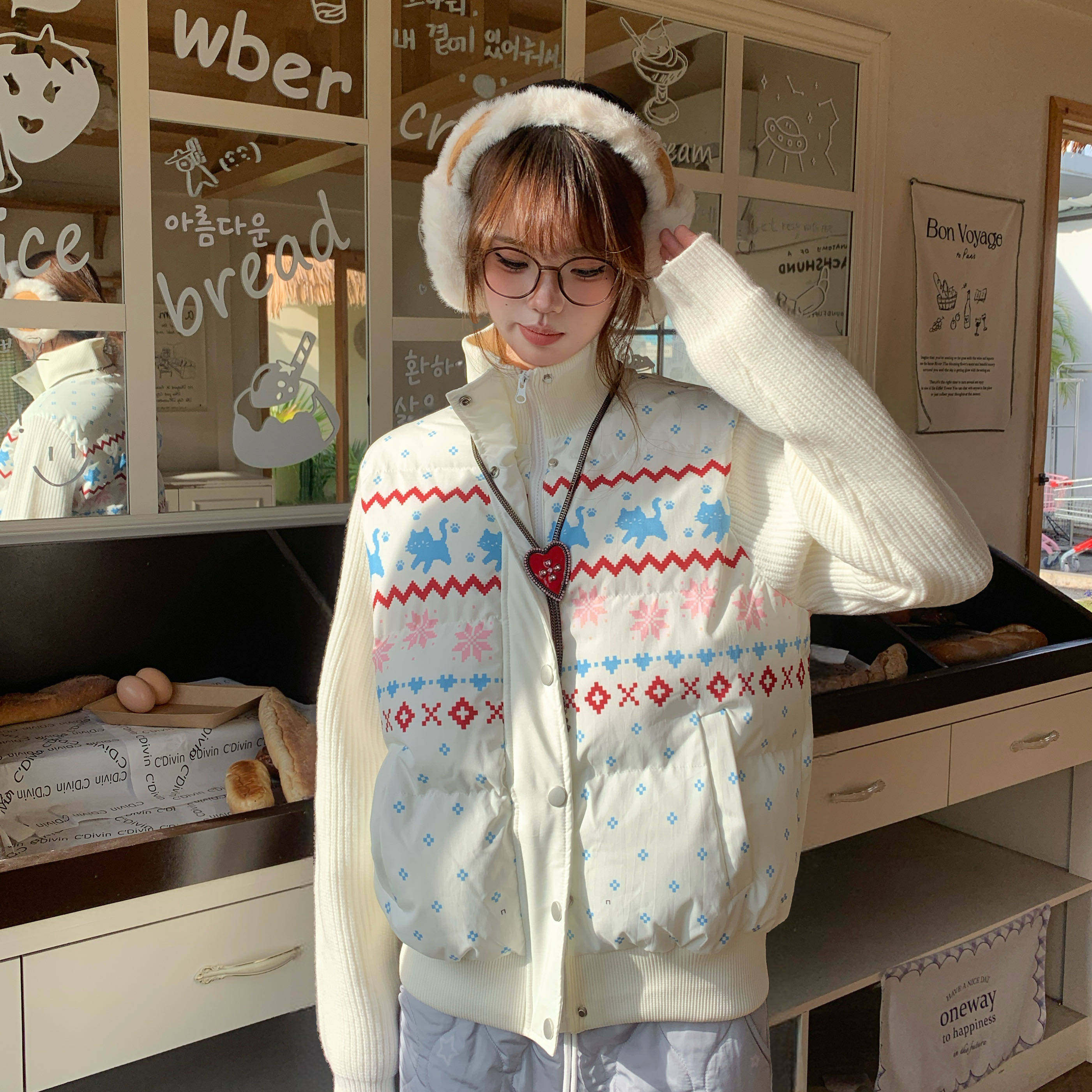 Amoeba甜酷费尔岛拼接针织立领棉服女冬季保暖加厚显瘦棉衣外套,淘宝优惠券,粉丝福利购,淘宝优惠卷