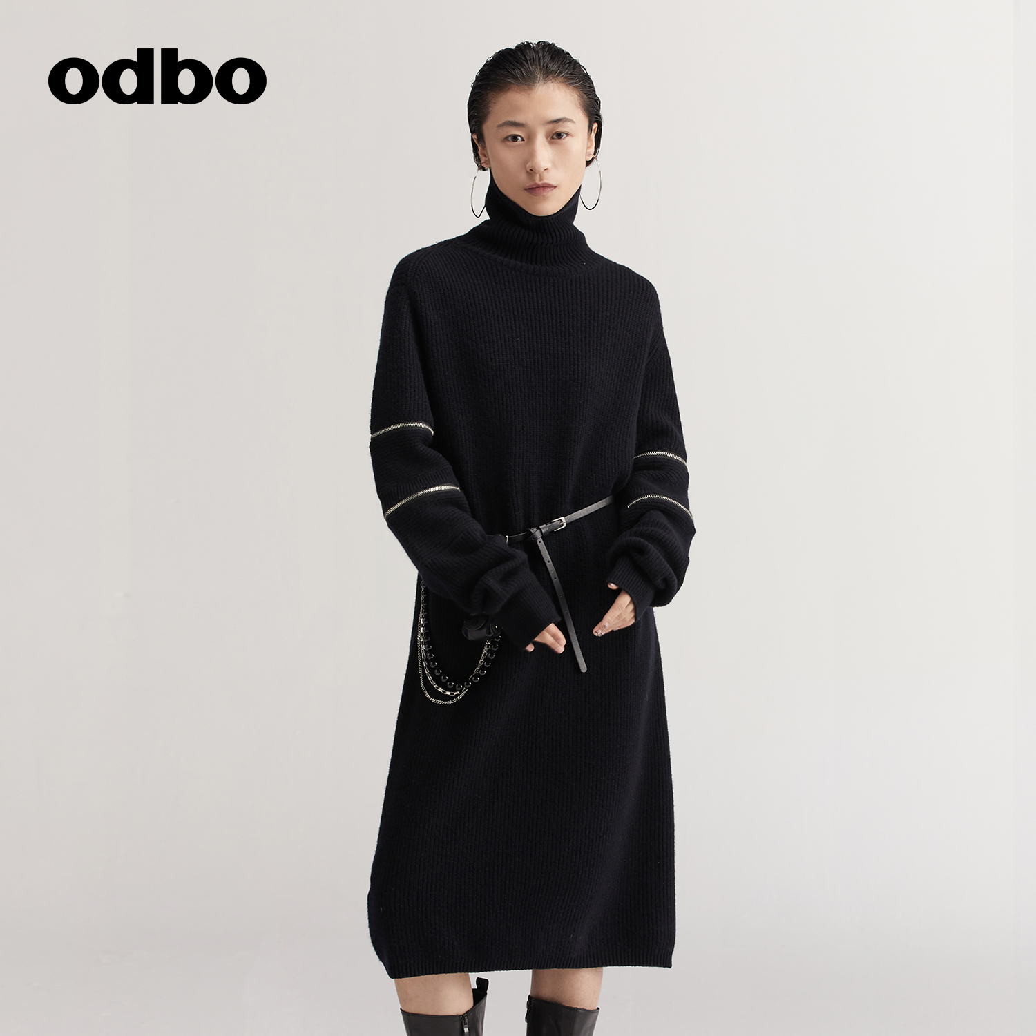 odbo/欧迪比欧原创设计黑色套头连衣裙秋冬女慵懒风时尚百搭裙子 - 图2