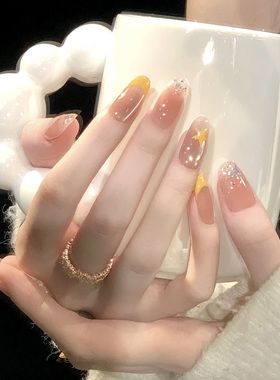 夏日橘子气泡星星美甲黄色法式