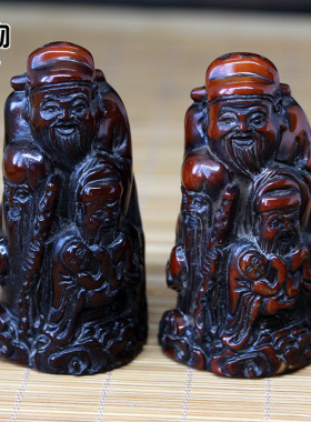 天然牦牛角雕刻福禄寿手把件吊坠复古熏色暗红文玩把件