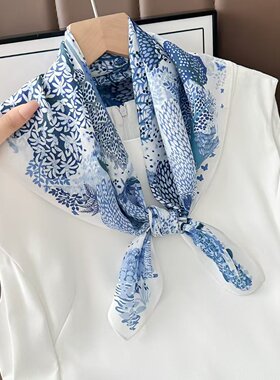 真丝双绉胭绿繁花女士夏护颈丝巾