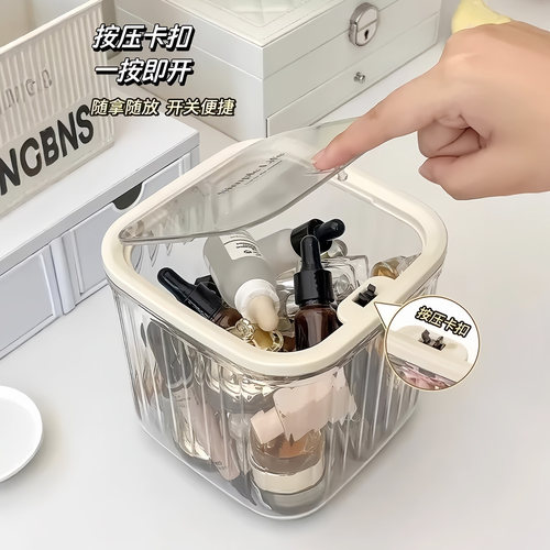 粉扑收纳盒桌面化妆品亚克力次抛口红护肤迷你翻盖杂物透明置物架 - 图0