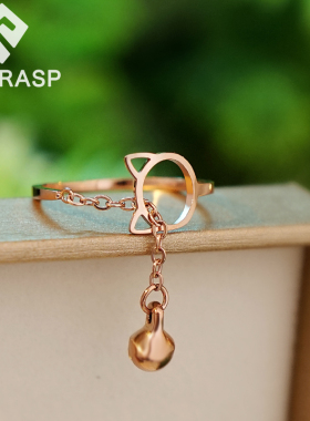 可爱招财铃铛猫咪戒指钛钢不掉色