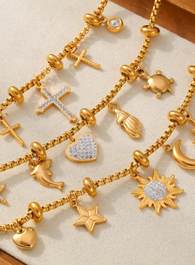 英伦风复古小众个性盒子链饰品多元素吊坠镶钻设计感钛钢镀金手链