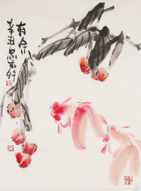 花鸟手绘小品柿子茶楼写意国画