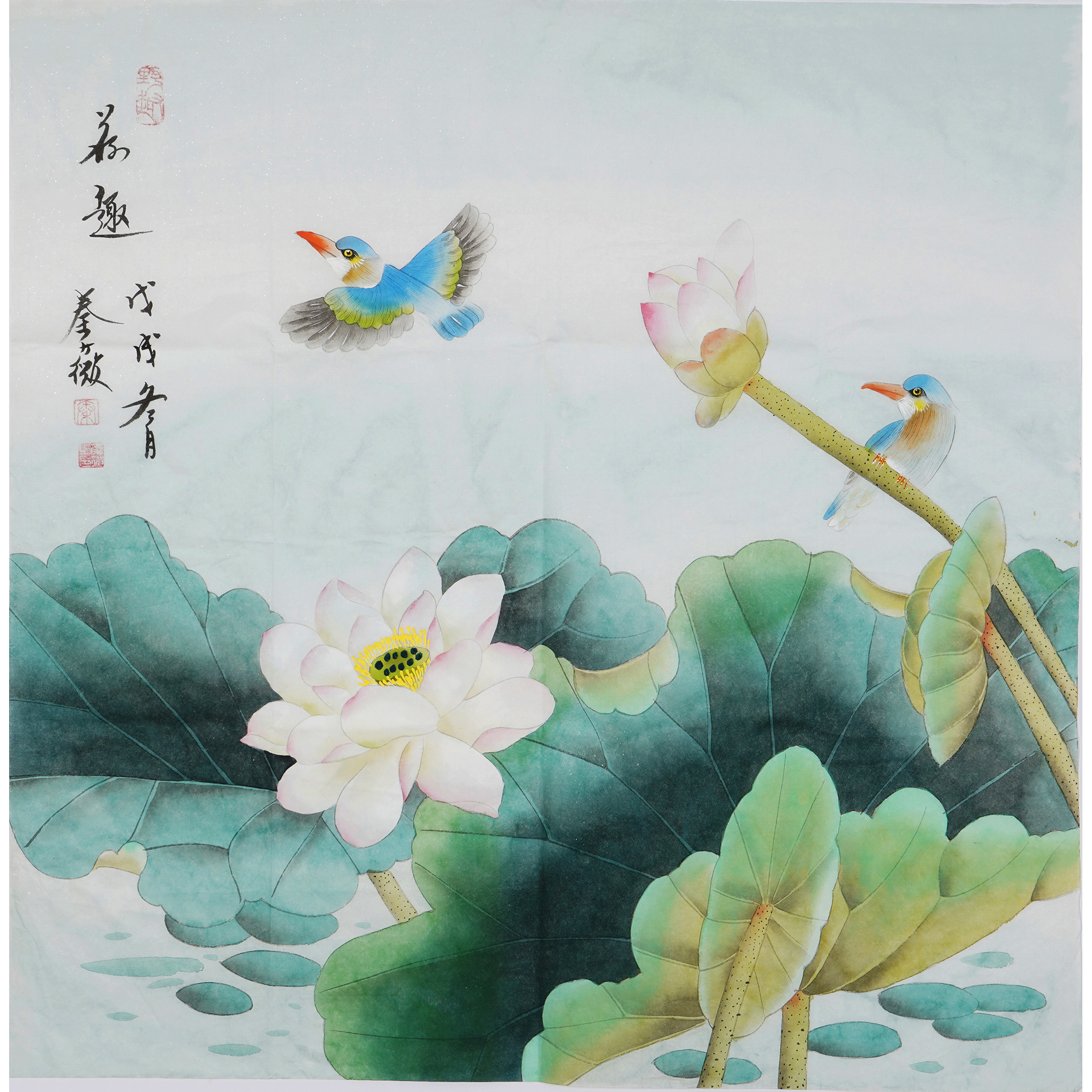 荷花国画纯手绘工笔画花鸟字画斗方客厅挂画香远图秦薇01145 - 图0