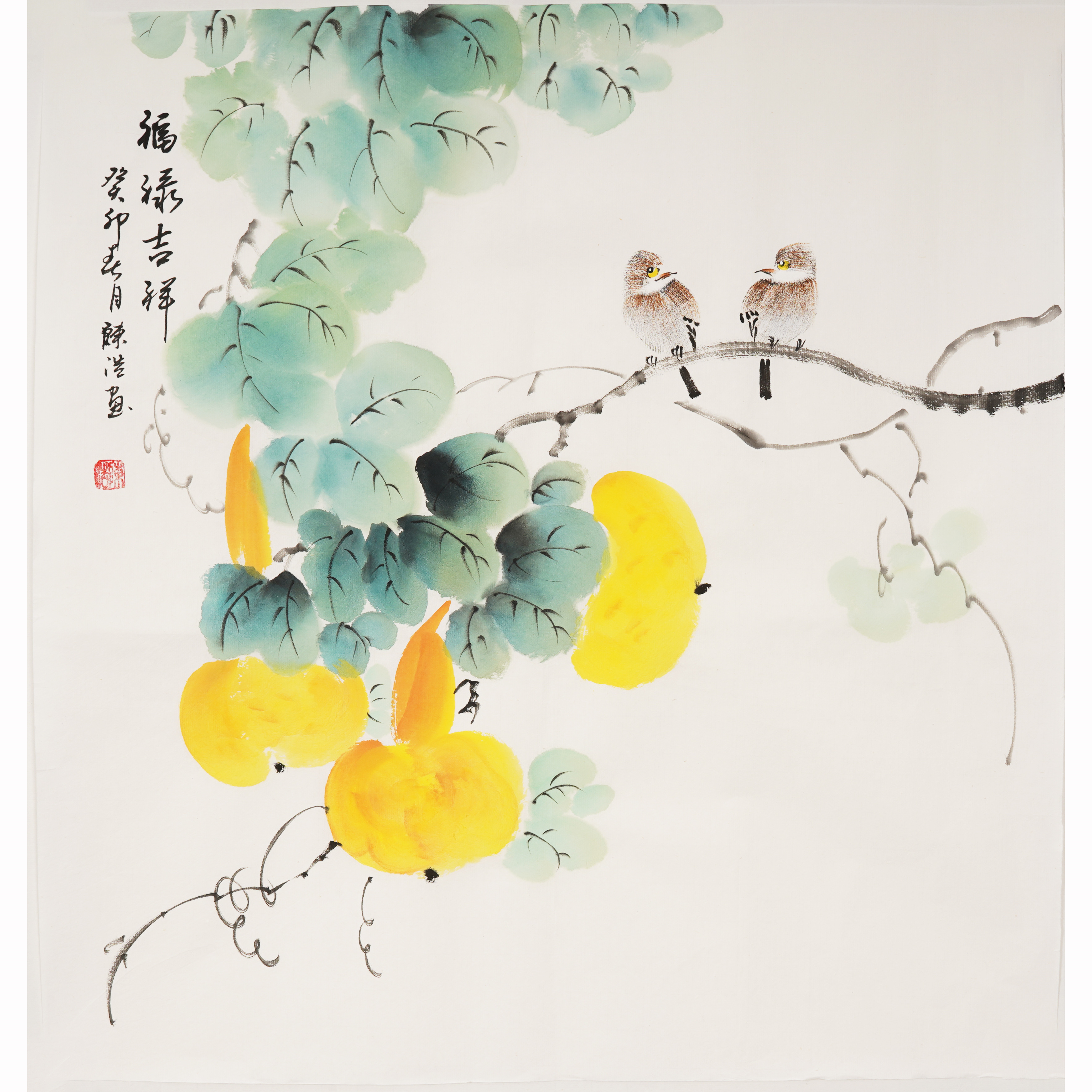 手绘花鸟国画中式客厅装饰画葫芦葡萄餐厅玄关挂画斗方小品真迹-图0