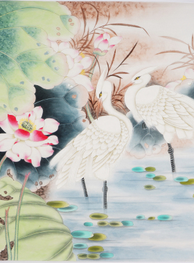 四尺荷花小鸟国画纯手绘无款斗方