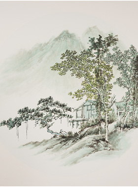 三尺斗方山水画手绘卡纸石玉夫