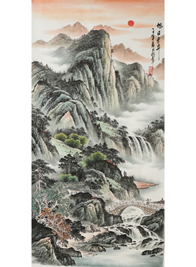 纯手绘国画玄关山水画旭日东升