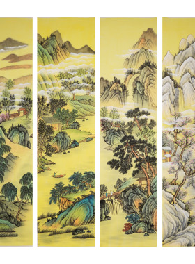 春夏秋冬纯手绘国画题款四扇屏