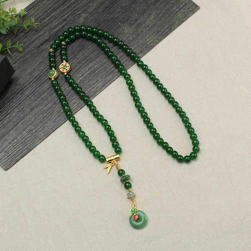 新中式国潮平安扣项链女款复古祖母绿圆珠长款毛衣链古风汉服配饰 - 图2