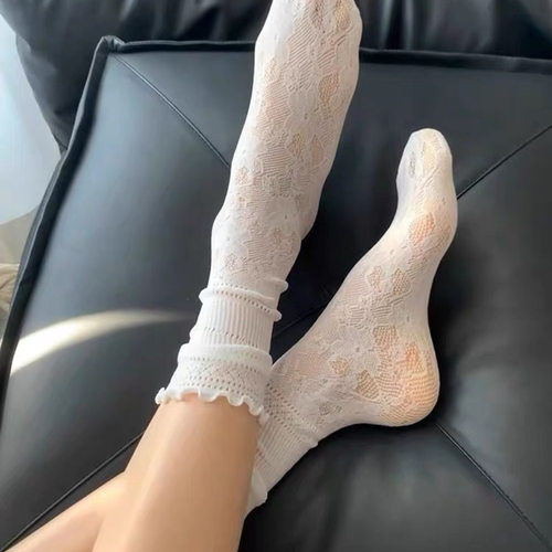 白色镂空蕾丝堆堆袜子女芭蕾风夏季薄款中筒花边JK长袜配玛丽珍鞋 - 图0
