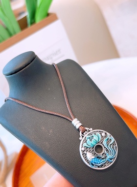 国潮复古风项链足银999纯银做旧珐琅彩花丝鱼平安扣编绳项链新款