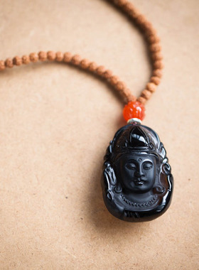 天然烟晶深色茶水晶雕刻观音像挂坠配小金刚菩提子项链