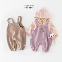 Baby Integrated Suede Pants Male Girl Rabbit Embroidery Thickened Children Winter Dress Foreign Air Back Strap Pants Baby Large Pp Pants