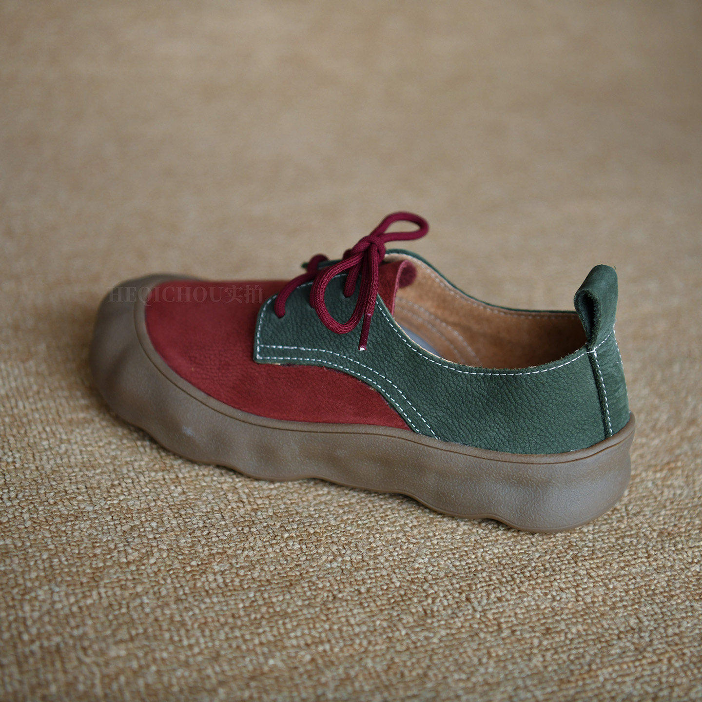 何其丑牛皮复古圆头撞色系带勃肯鞋女新款真皮舒适休闲鞋平底女鞋,淘宝优惠券,粉丝福利购,淘宝优惠卷