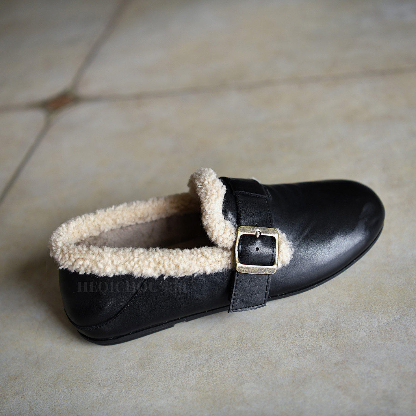 何其丑软牛皮黑色全包勃肯鞋女保暖加绒单鞋女平底鞋圆头女鞋秋冬,淘宝优惠券,粉丝福利购,淘宝优惠卷