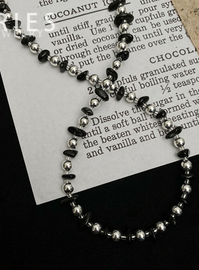 复古设计感天然黑曜石圆珠项链