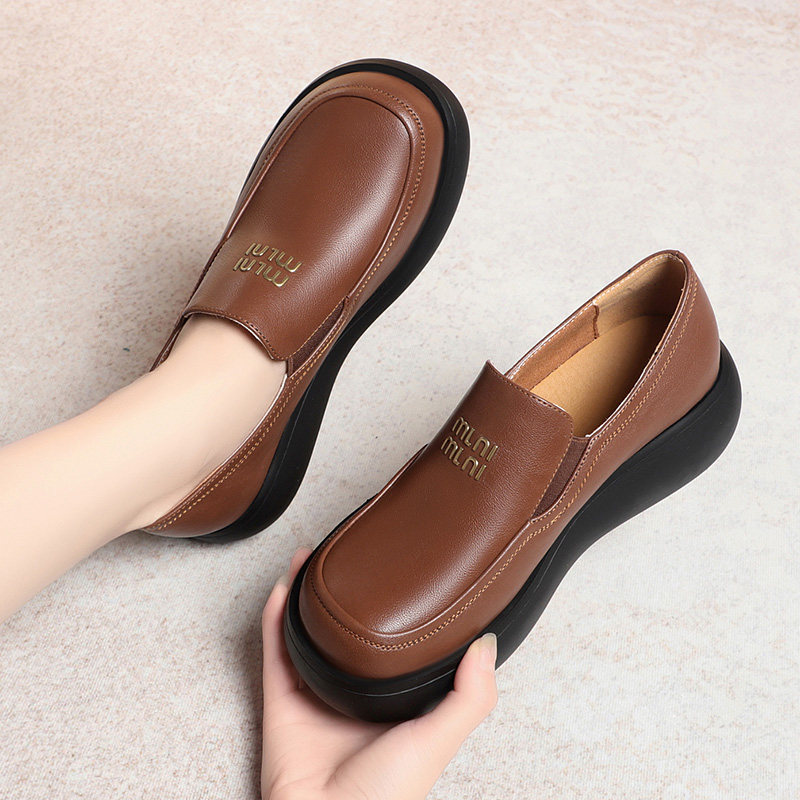 圆头厚底乐福鞋女春季新款复古松糕鞋子真皮不累脚舒适妈妈深口鞋,淘宝优惠券,粉丝福利购,淘宝优惠卷
