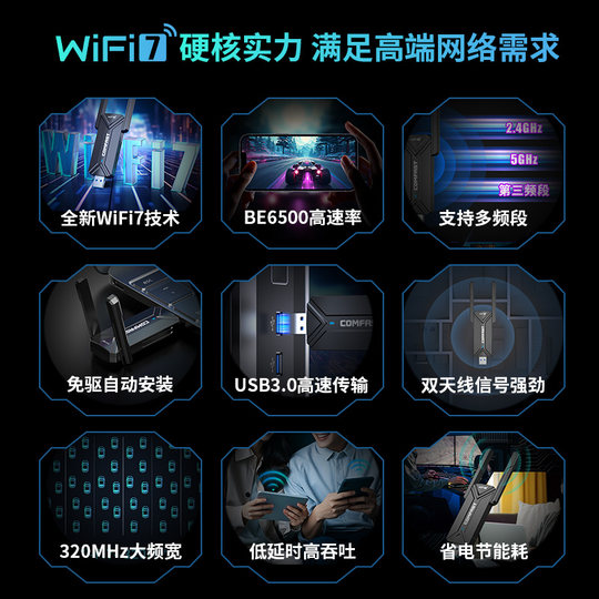 COMFAST usb无线网卡WiFi7免驱动三频千兆台式机笔记本WiFi接收器发射器6500M大功率电竞网卡 CF-983BE