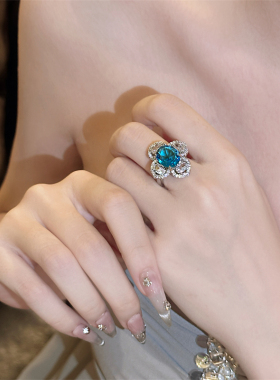 欧美复古宫廷风蓝色锆石微镶戒指