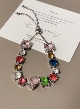 欧美复古大颗彩色心型锆石手链