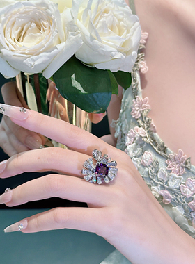 欧美复古紫色宝石花朵开口戒指